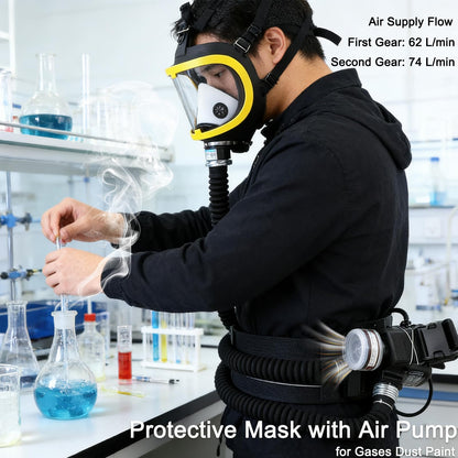 YILIKISS Full Face Respirator, Protective Mask with Air Pump for Gases Dust Chemicals Paint， Powered Respirator, 110ma-300ma 62 L/min 74 L/min Air Supply Flow