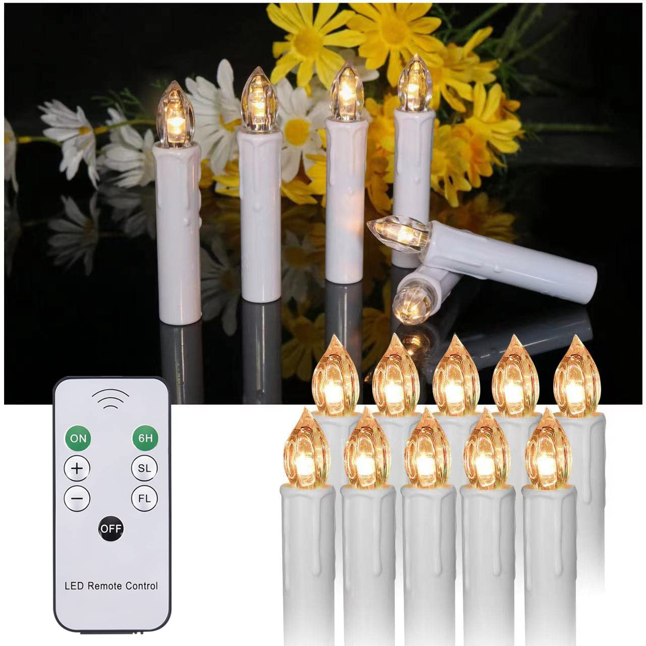 Longsuochuang 10 Pcs Window Candles with Remotes and Timer, Flickering LED Candles for Christmas Tree, Chandeliers, Party, Easter Decor, Warm White