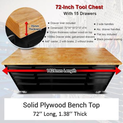 UYRIE 72-inch Rolling Tool Chest with 15 Drawers, Mobile Workbench, Assembled Large Tool Box Lockable Storage Cabinet with Wheels for Garage Workshop (72'' w/15 Drawers - Black)
