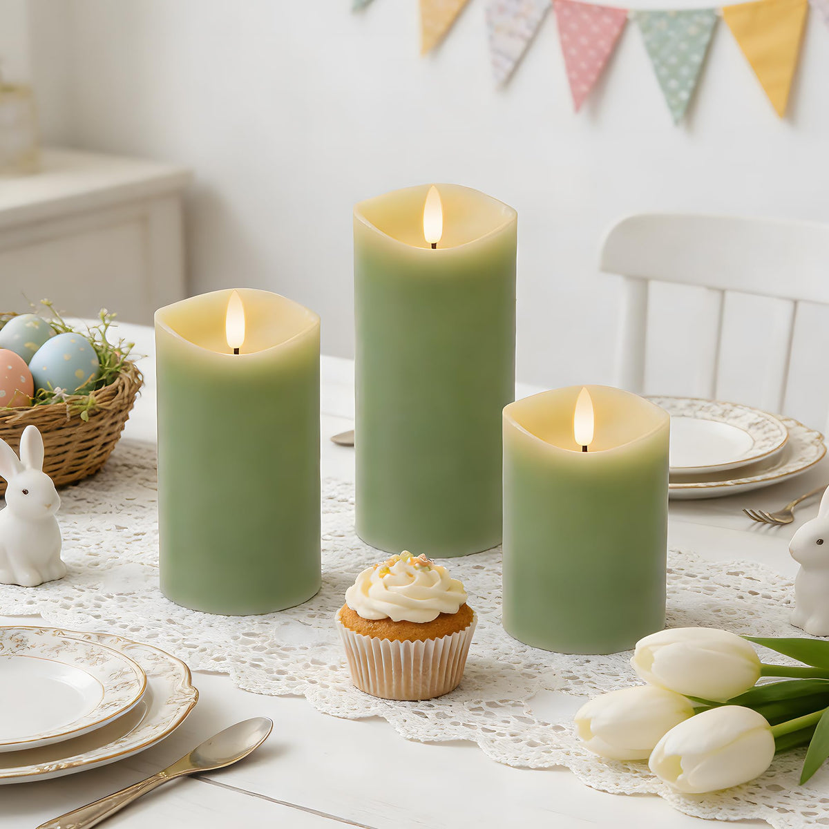 Velsyn Green Flameless Candles with Remote and Timer, Real Wax Made LED Pillar Candles Battery Operated with 3D Flickering Flame Melted Edge, 3" x 4",5",6", Set of 3 (Pastel Green)