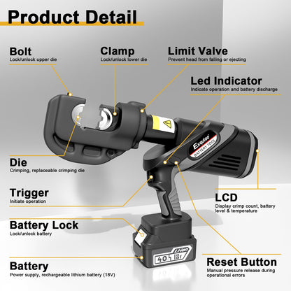 Exqutoo Electric Hydraulic Cable Lug Crimper Pliers, with 12 Size Hex Dies(16-400 mm²) & 2 4Ah Lithium-Ion Batteries & Battery Charger, 120kN, 12 Ton, Electrical Terminal Cable Wire Fiber Crimper Kit