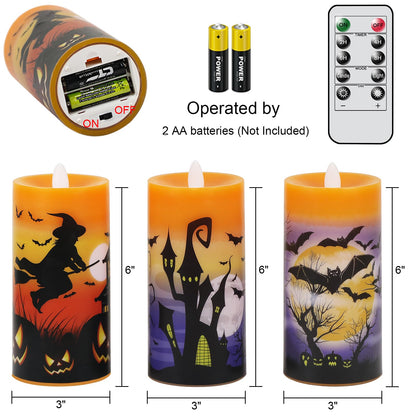 DRomance Halloween Flameless LED Candles Battery Operated with Remote and Timer, Real Wax Flickering Pillar Candles Flat Wick Dimmable Light Castle Witch Bats Holiday Decor(3 Pack, 3 x 6 Inches)