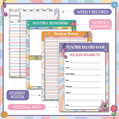 Fuyoooo Retro Remix Teacher Record Book Teacher Grade Books 2026-2027 Spiral Bound Record Planner 2026 Class Grade Book Office Favors for Classroom Attendance Decoration Double Sided