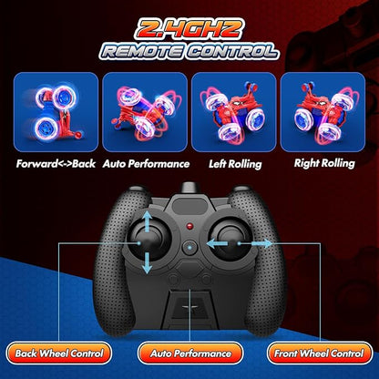 Spider remote control car rc cars toysCool rechargeable stunt rc car with 360 flips 4WD wheel with bright lightFun outdoor toys gifts for kids birthday or Chritmas age 4 5 6 7 8 9 10 11 12 years old
