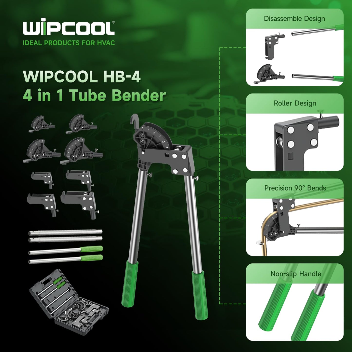 WIPCOOL 4-in-1 Professional 90° Tube Bender with Interchangeable Heads – 1/2", 5/8", 3/4", 7/8" O.D., Detachable Manual Pipe Bender for HVAC & Refrigeration Installation