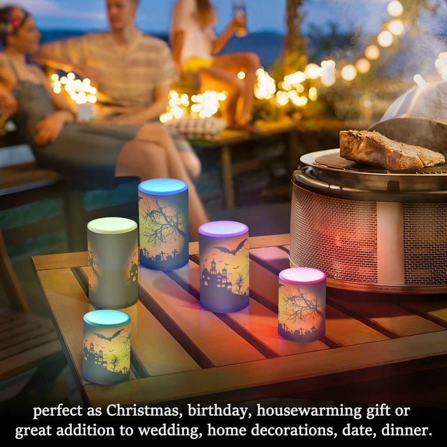 ALAZA Orange Halloween Castle Bat Flickering Flameless Candles Battery Operated with Remote Timer,Tea Light Candles LED Pillar Votive Candles Set of 2 for Outdoor Indoor Decorations 14