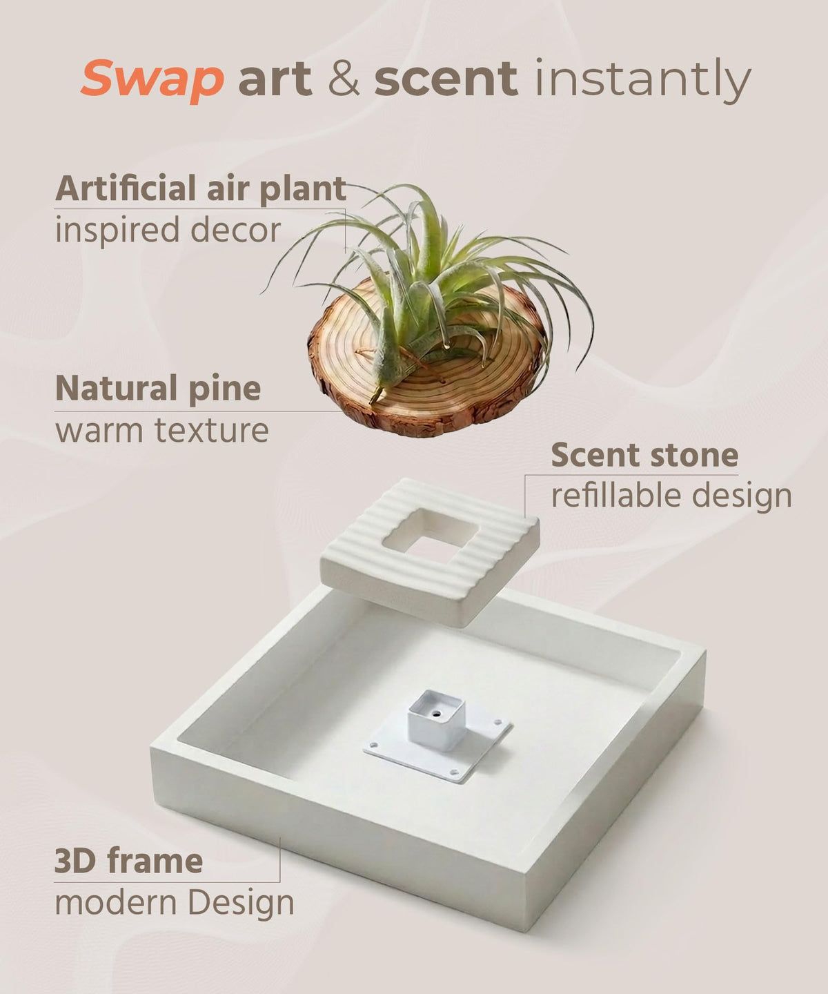 arscent Faux Air Plant Bathroom Wall Decor with Scent Stone Diffuser, Decorative Air Freshener, 3D Botanical Wall Art for Bedroom, Entryway & Small Spaces, Green Tillandsia Ionantha