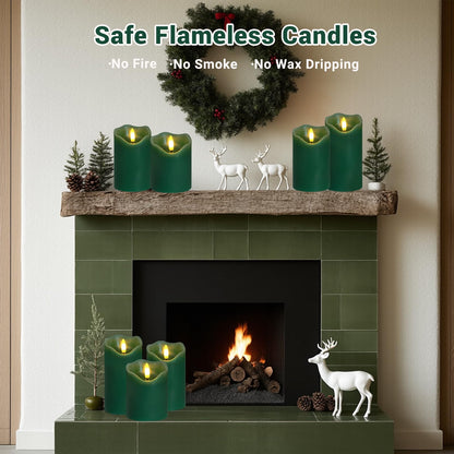 Flickering Flameless Candles, Set of 3 Green LED Candle Light with Remote & Timer, Battery Operated Electric Pillar Candle by Real Wax Dimmable Fake Candles for Home Falll Halloween Decor (Green)