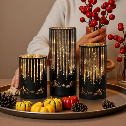 Ashroder Starry Night Elegant Hurricane Candleholders with LED Flickering Lights & Remote Timer, Decorative Glass Hurricanes for Indoor Table Centerpieces & Year-Round Home Decor, Set of 3 (Black)