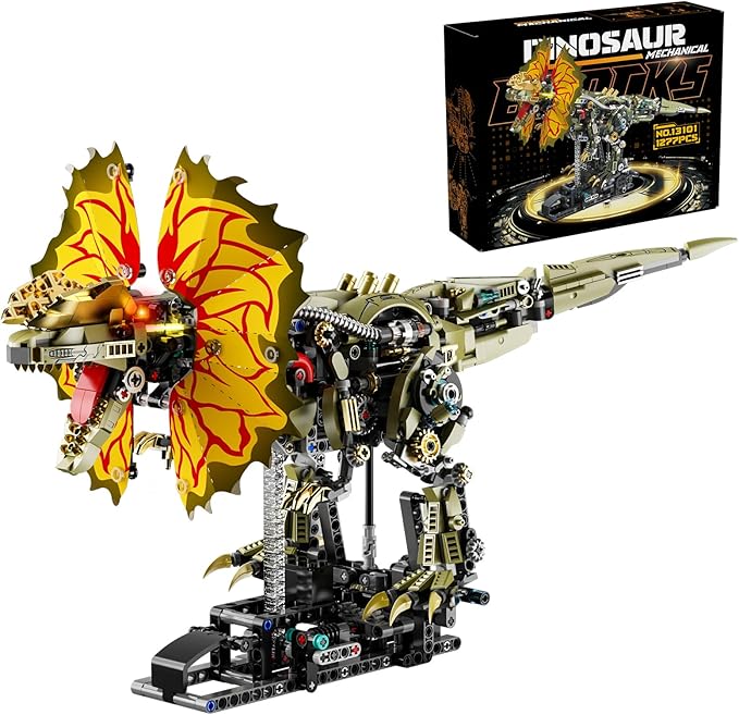 1277 Pcs Mechanical Dilophosaurus Building Blocks Set Steampunk Dinosaur Model with LED Eyes and Manual Linkage Robot STEM Display Gift for Adults&amp Teens