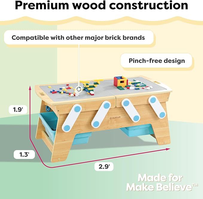 KidKraft Building Bricks Play N Store Wooden Table Children's Toy Storage with Bins 200+ Building Blocks Included Natural Gift for Ages 3+