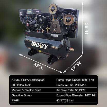 HPDAVV 30 Gal Gas Powered Air Compressor 13HP 35CFM Electric Start Gas Driven Piston Pump Air Compressed System with 125PSI Max. Pressure and ASME Tank for Worksho, Machinery, Construction Sites