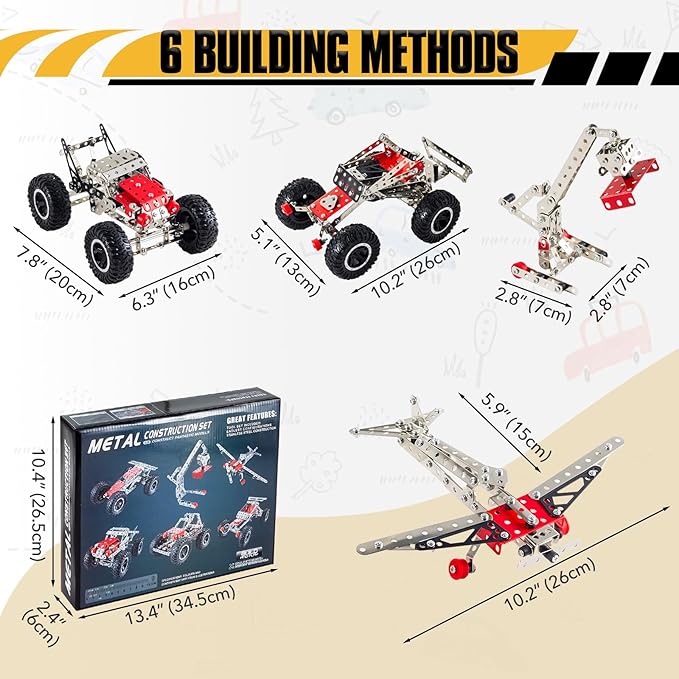 6-in-1 STEM Kit - Engineering Metal Truck Airplane and Sports Car Excavator Toy for Boys 8-12 - STEM Building Toys for Kids 5-7 6-8 8-10 Educational Toys for Kids Boys Model Kit