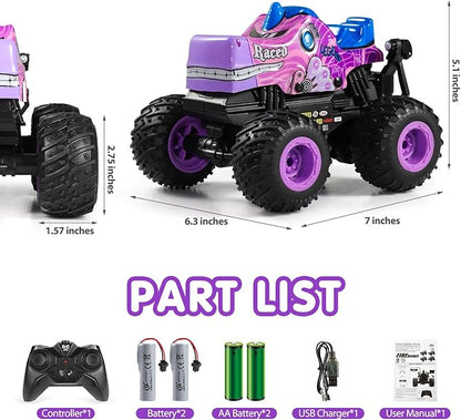 DYODYORC Remote Control Car 2.4Ghz All Terrain Monster Truck RC Truck with Music 3 Lighting Effects 360 Stunt Capable 2 Batteries Ready to Run Toy Gifts for Boys and Girls (Pink)