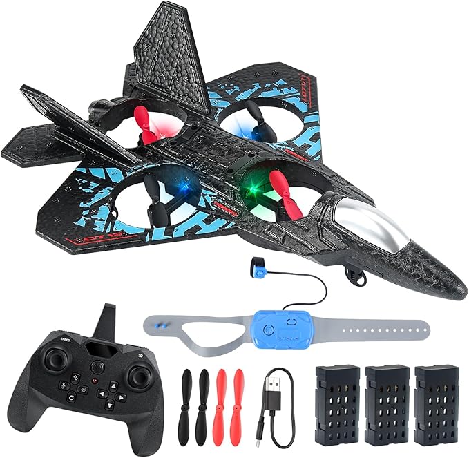 RC Plane Remote Control Airplane Toy 2025 New Remote Control Plane Fighter Jet 2-Way Remote Control Methods (Normal+Watch) 360° Flip Fighter Jet Toy Gravity Sensing Stunt Roll Gifts for Kids Boys