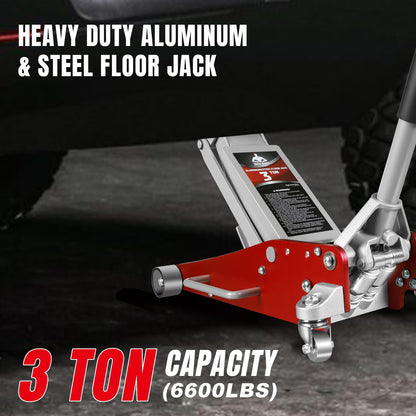 Jack Boss 3 Ton(6,600 LBs) Low Profile Aluminum and Steel Car Jack with Dual Piston Quick Lift Pump and Jack Stands 2 Ton (4,400 LBs) Lifting Car Stand, Fit Use for Cars Automotive Sedans, Red, 2 Pack