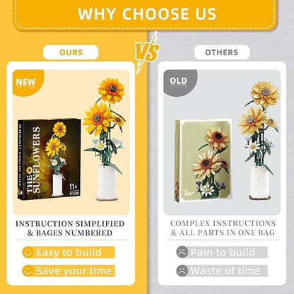 BlockPro Upgrade Sunflower Building Set for Adults Teens Botanical Collection Flower Bouquet with Vase Gift for Birthday Mother's Day Anniversary Pretty Home Decor for Flower Lovers (821pcs)