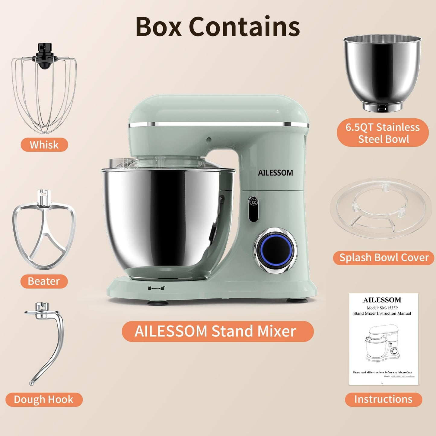 SAMSAIMO 3-IN-1 Electric Stand Mixer, 10-Speed With Pulse Button, Attachments include 6.5QT Bowl, Dough Hook, Beater, Whisk for Most Home Cooks