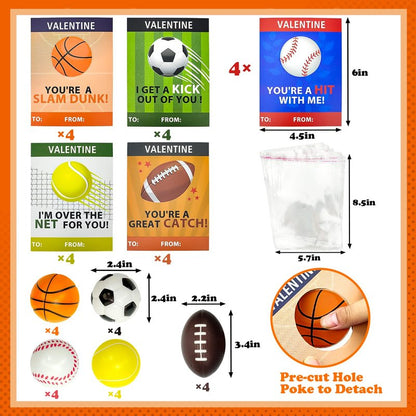 Valentines Day Sports Gifts Cards for Kids Classroom,20 Pack Foam Sport Ball Toys with Class Exchange Cards for Boys Girls,Valentine Goodie Bag Stuffers School Party Favors Prizes Treats for Toddlers