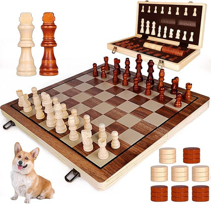 15 Inch Wooden Chess SetsChess &amp Checkers Set with 2 Extra QueensFoldable Wooden Chess Set Board for AdultsHandmade Portable Chess Board Game for Familly Travelling Gift
