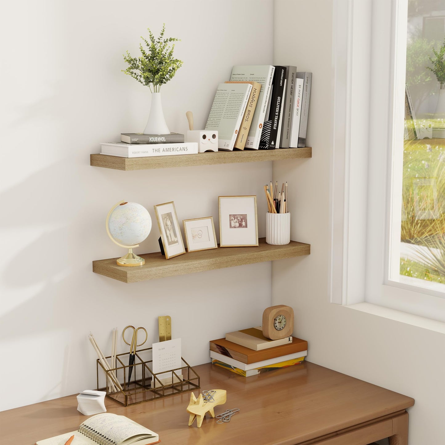 Fun Memories Floating Shelves for Wall, 24" Rustic Wood Deep Wall Mounted Shelves with Invisible Brackets for Decor & Storage, Floating Shelf for Living Room, Bathroom (Oak, Set of 2)