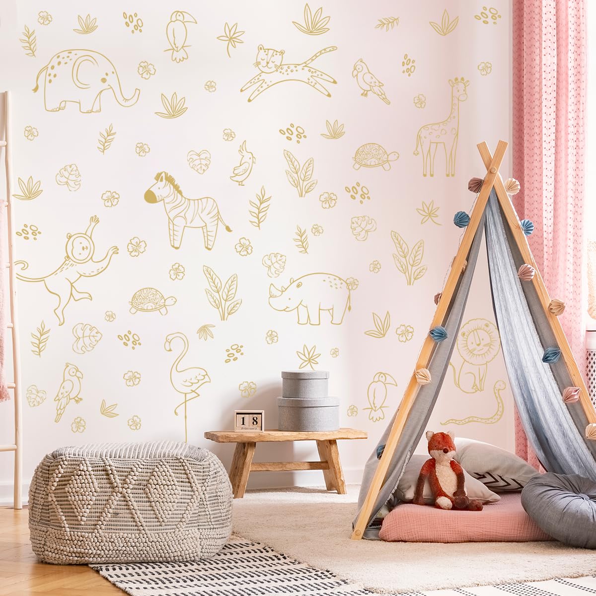 Jungle Animals Wall Decals, Jungle Theme Removable Wall Sticker，Lion Cheetah Toucan Elephant Giraffe，Nursery Decor Playroom Bedroom Classroom Wall Decoration.