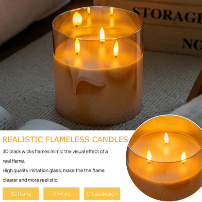 AFINETH Extra Large Flameless Candles with 3 Wicks, 6"x6" Glass Battery Operated Candles with Remote, Real Wax Flickering LED Candles Fake Candle for Home, Wedding, Party, Glod