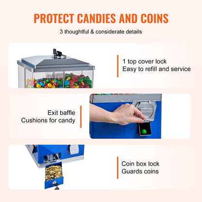 VEVOR Commercial Vending Machine, Four Compartment Rotatable Gumball and Candy Dispenser, Adjustable Height Coin Operated Candy Bank with Iron Stand, for Business Toy Capsules Bouncy Balls Nut, Blue