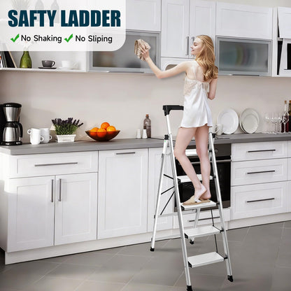 Valeo Aluminium 5 Step Ladder with Retractable Handgrip,Anti-Slip Pedal,330 lbs Capacity,Folding Step Stool for Kitchen, Garage, Home, Space Saving, Sturdy and Portable, Silver