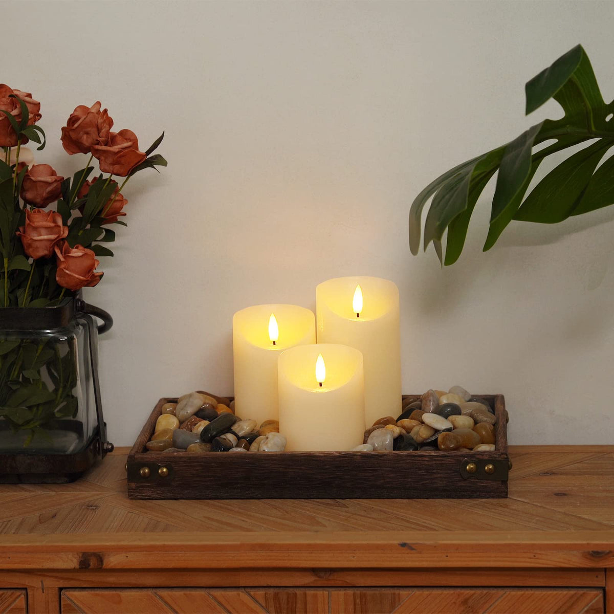 Homemory Flickering Flameless Candles, Realistic LED Candles with Remote and Timer, Textured Wax with Water Ripple, Battery Operated Wax Candles, Set of 3, Ivory