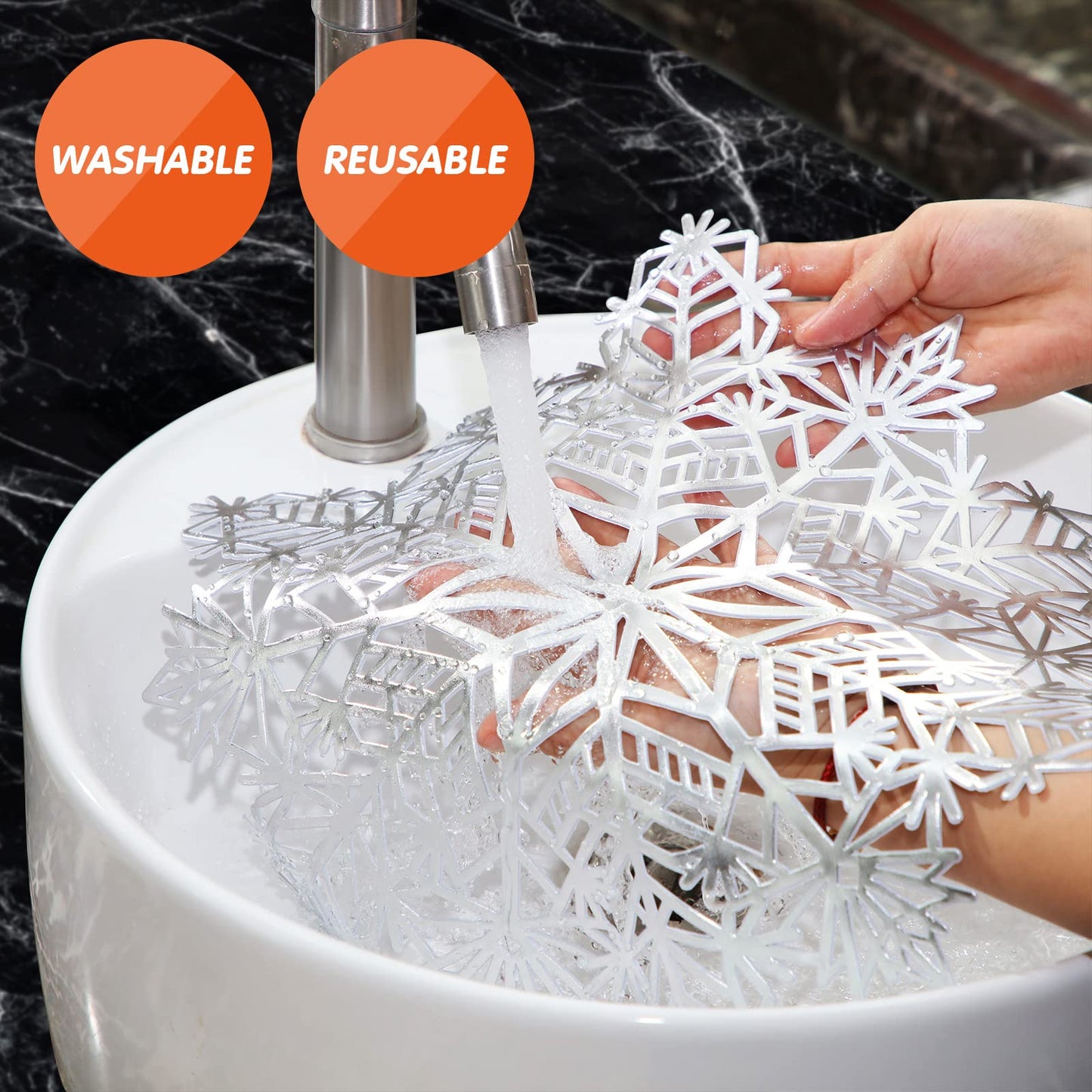 Sieral Snowflake Placemats and Coasters Set Pressed Vinyl 15 Inch Placemats and 4 Inch Coasters for Christmas Winter Wedding Party Dinner Table Decoration(Silver,24 Sets)
