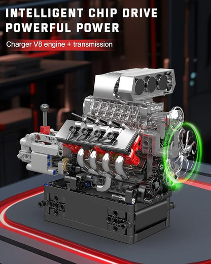 Mould King 10225 V8 Engine Model kit That Runs- Build Your Own STEM V8 Model Engine with Transmission 8-Cylinder Car Engine kit Building Engineering Toys for Adults Collections (855+PCS)
