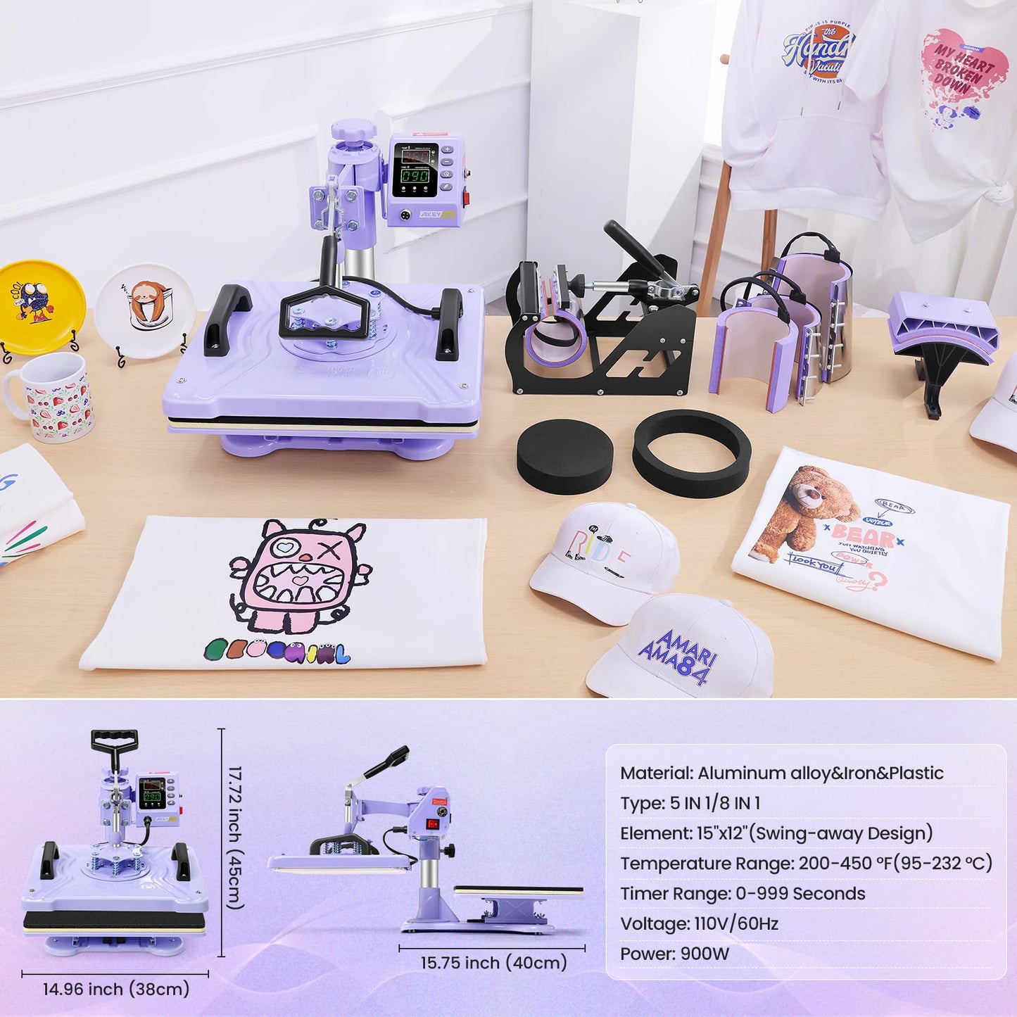 5 in 1 Heat Press Machine 12''x15'' (Purple) + Heat Transfer Paper for Dark T Shirts (10 Sheets) 8.5''x11'', Easy to Use for T-Shirts, Hats, Caps, Mugs, Plates, 360 Degree Swing Away Heat Transfer