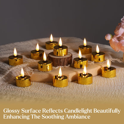 Eywamage Gold LED Tealights with Remote Batteries, Flickering Flameless Tea Lights Votive Candles Set of 12