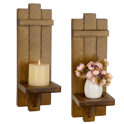 OwnMy Wood Wall Candle Sconces Set of 2, Brown Hanging Pillar Candle Holders Farmhouse Wall Decors, Rustic Candle Sconces Hanging Candlestick Holder for Living Room Fireplace Dining Room Bedroom