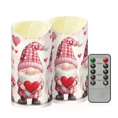 Valentines Day Gnome Pink Rose Flowers Hearts Flameless Candles with Remote Timer,LED Flickering Battery Operated Electric Pillar Tea Light Candles for Wedding Table Christmas Decorations 3" x5.9"