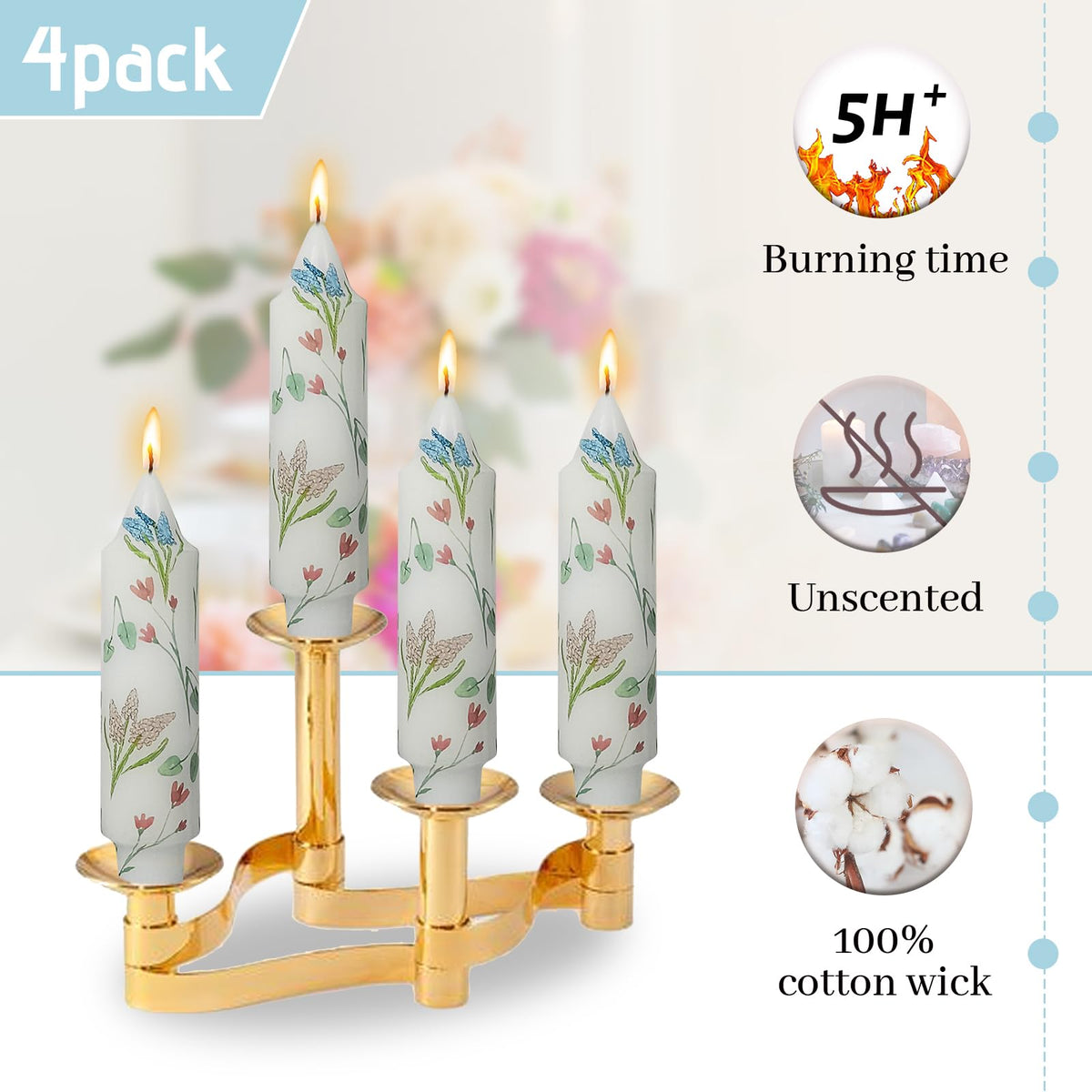 Printed Candle Sticks Elegance Taper Candle 5 Inch Short Candlesticks Hyacinth Floral Tapered Candles for Home Wedding Holiday Party Decor, Set of 4