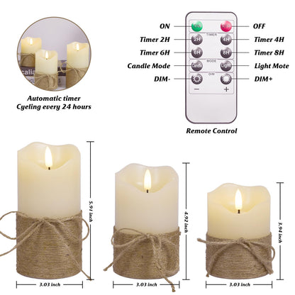 Homwamee Flameless Candles with Remote Timer-3D Flickering Hemp Rope LED Candles Set of 3(4”/5”/6”, Battery Powered for Home/Wedding/Party/Table Decorations