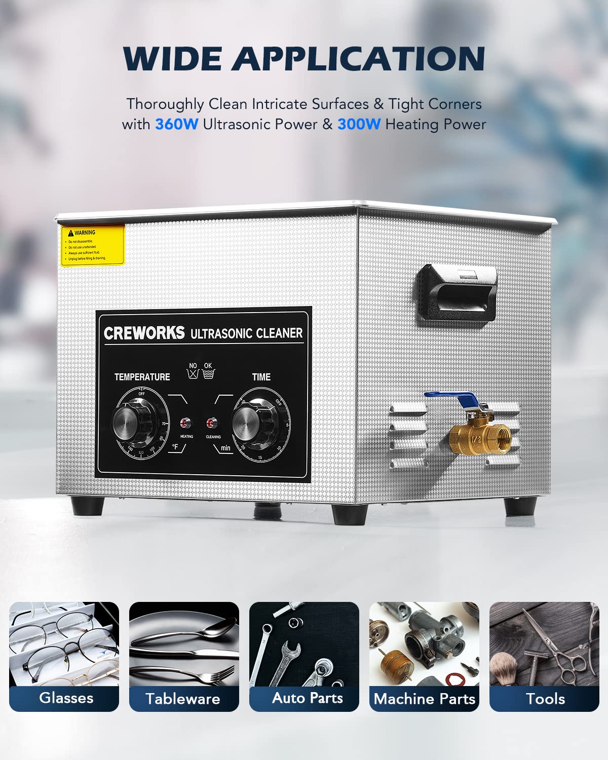 CREWORKS 15L Ultrasonic Cleaner with Knob, Total 760W Professional Industrial Auto Cleaning Machine for Carburetor Repairing Tools Parts Instrument, 40kHz Digital Sonic Cavitation Cleaner with Heater