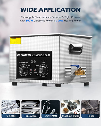 CREWORKS 15L Ultrasonic Cleaner with Knob, Total 760W Professional Industrial Auto Cleaning Machine for Carburetor Repairing Tools Parts Instrument, 40kHz Digital Sonic Cavitation Cleaner with Heater
