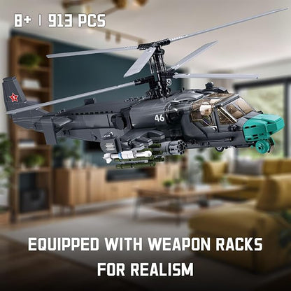 Kamov Ka-52 Scout Attack Helicopter Building Toy - Army Set with 913 PCS 1:30 Scale Includes 2 Toy Soldiers - Fun for Kids and Adults