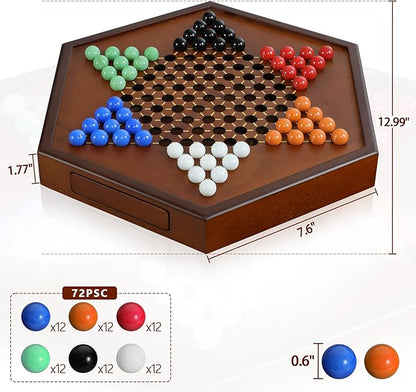 Chinese Checkers 15 x 13 Large Wooden Checkers Board Game Includes 16mm 60+12 Colorful Glass MarblesClassic Strategy Family Board Game for AdultWalnut