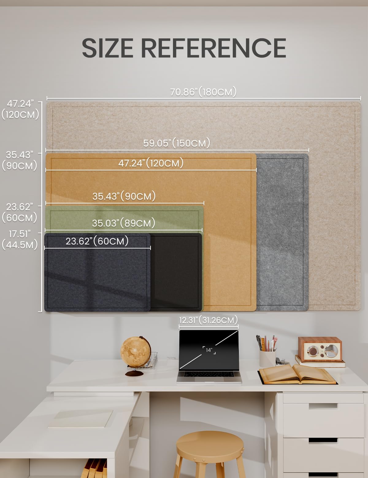 Fluxynara Bulletin Board, 35" x 17.5" Cork Board Alternative with 12 Safe Removable Adhesive Tabs, Foldable Felt Pin Board for Home Office, Classroom, Bedroom,Entryway for Walls—Sage