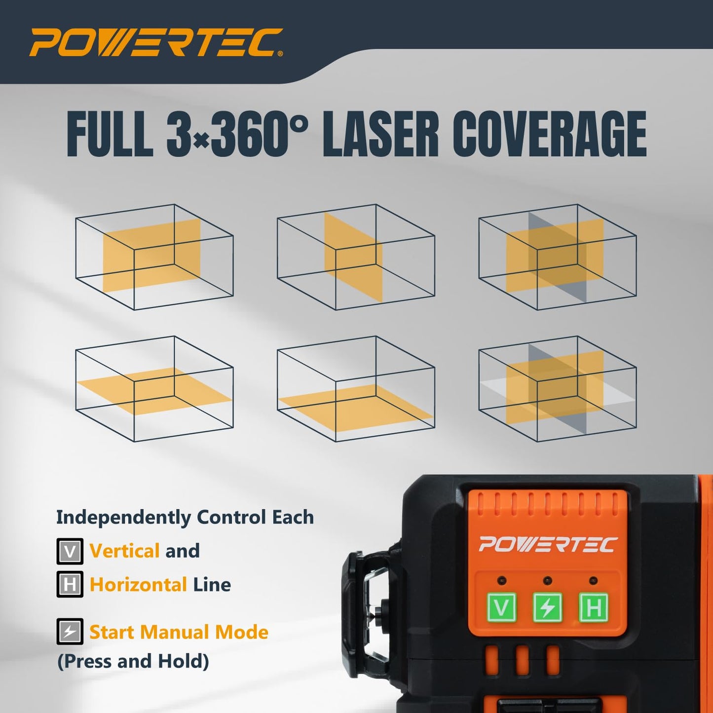 POWERTEC LE3360V 3×360° Laser Level, Self-Leveling with Remote Control & Lift Platform, USB-C Rechargeable – For Construction, Tiling, Framing, Drop Ceilings, Cabinets & DIY Projects