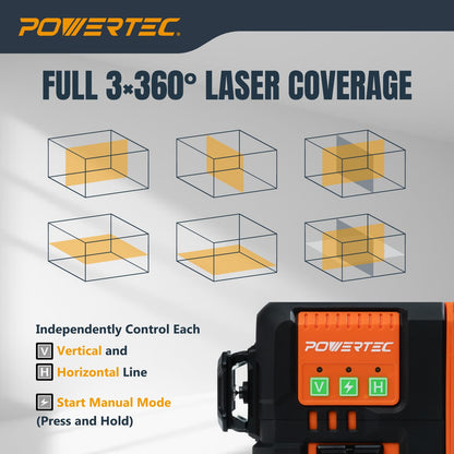 POWERTEC LE3360V 3×360° Laser Level, Self-Leveling with Remote Control & Lift Platform, USB-C Rechargeable – For Construction, Tiling, Framing, Drop Ceilings, Cabinets & DIY Projects