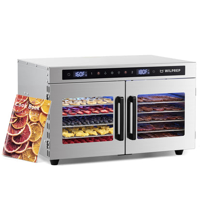 WILPREP Dual-Zone Food Dehydrator for Jerky, 12-Tray, 13 sq ft Food Dryer with Independent Control & 86–185°F Temp Range, Stainless Steel Dehydrator for Homemade Jerky Fruit Herbs Snacks