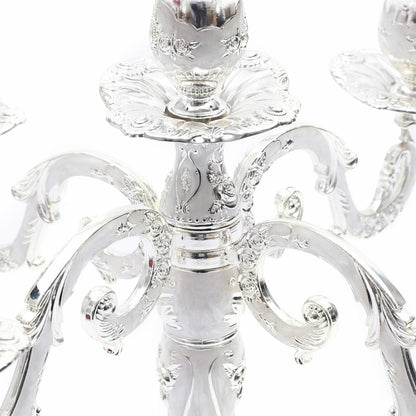 Headery Elegant 14.56”H Mental Tall Candelabra,5 Arm Candle Holder Candlestick Holder, Taper Candle Holder with Three-Dimensional Carving for Wedding Dinner Party Chrismas Ceremony Home Decor(Silver)