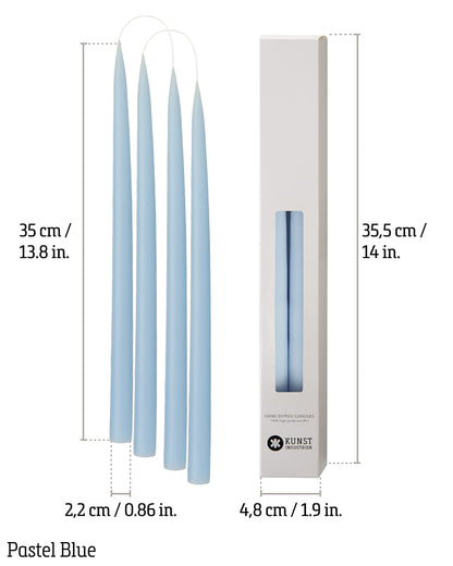 Kunstindustrien® Taper Candles – Set of 4, 13.8" – Made in Denmark, Long Burning Candles 15h, Unscented & Smokeless Candlesticks – Elegant Tall Candles for Weddings, Dinners & Home Decor (Pastel Blue)