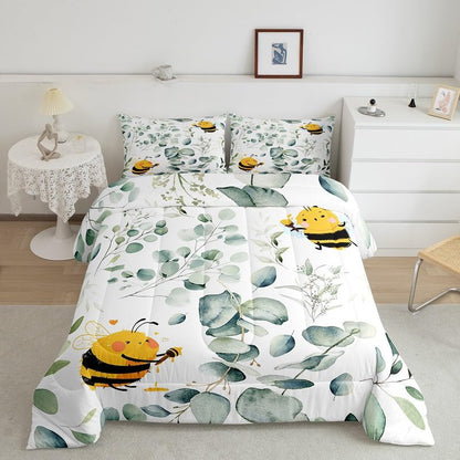 Erosebridal Boys Cartoon Wildlife Twin Size Comforter Set for Kids Toddler Kawaii Bee Bedding Set, Honey Bee Down Comforter Wild Animal Bed Set, Botanical Green Eucalyptus Quilted Duvet