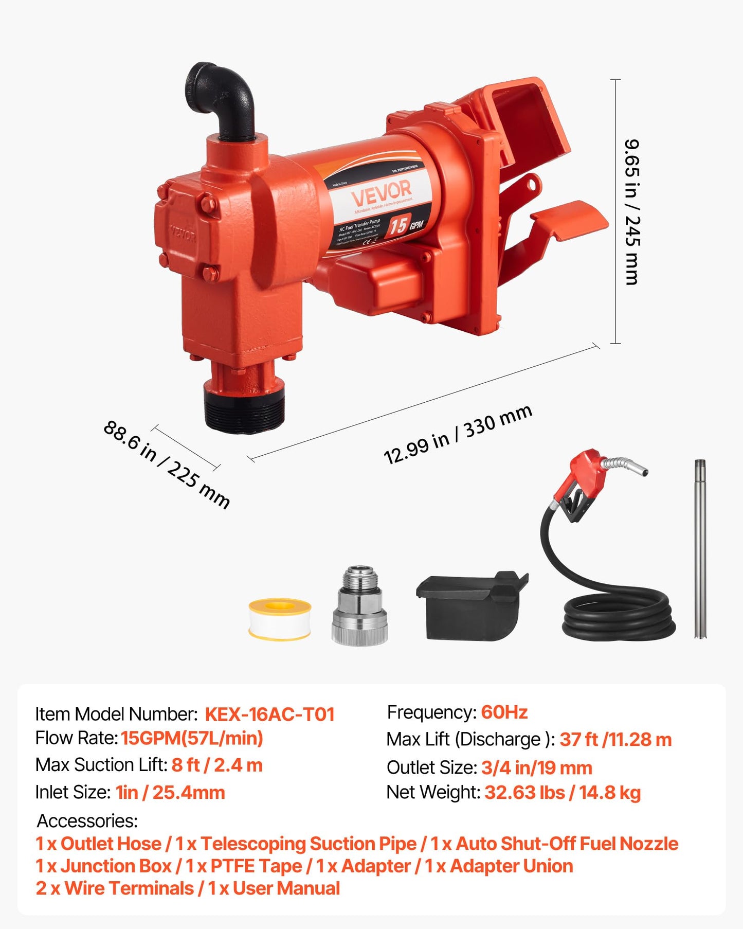 VEVOR Fuel Transfer Pump 110V, 15 GPM 57 L/min, AC Electric Oil Transfer Pump, with Auto Shut-Off Fuel Nozzle & Discharge Hose, High Flow Kit for Gasoline, Diesel, Kerosene, Biodiesel, Ethanol Blends